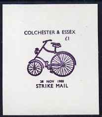 Cinderella - Great Britain 1988 Colchester & District Messenger Service imperf proof of \A31 Strike Mail label in mauve showing Bicycle and dated 28 Nov 1988 unmounted mi..., stamps on cinderella, stamps on bicycles, stamps on strike