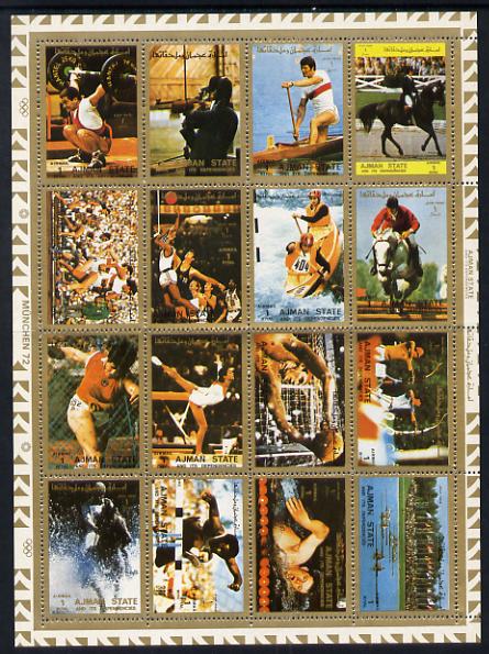 Ajman 1972 Munich Olympics perf set of 16 unmounted mint, Mi 2605-20A, stamps on , stamps on  stamps on sport, stamps on  stamps on olympics, stamps on  stamps on basketball, stamps on  stamps on swimming, stamps on  stamps on water polo, stamps on  stamps on  hurdles, stamps on  stamps on gymnastics, stamps on  stamps on weightlifting, stamps on  stamps on rifles, stamps on  stamps on canoes, stamps on  stamps on horses, stamps on  stamps on discus, stamps on  stamps on  gym , stamps on  stamps on gymnastics, stamps on  stamps on 
