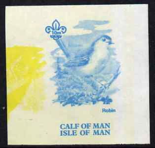 Calf of Man 1973 Birds - Robin 10m imperf proof in blue only (plus yellow inverted from another value) on gummed paper, unmounted mint as Rosen CA257, stamps on birds, stamps on robins, stamps on scouts