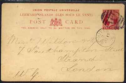 St Kitts 1893 Leeward Islands 1d p/stat card commercially used to London tied by light A12 duplex, stamps on , stamps on  qv , stamps on 