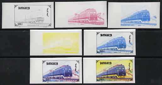 Mongolia 1997 Railway Locomotives 20t Electric Loco LV-80 the set of 7 imperf progressive proofs comprising the 4 individual colours plus 2, 3 and all 4-colour composites..., stamps on railways