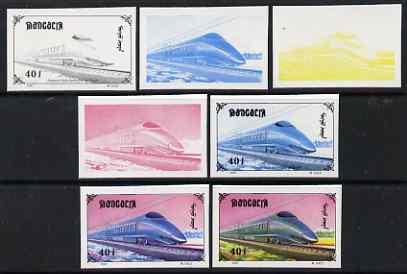 Mongolia 1997 Railway Locomotives 40t Japanese High-Speed Train the set of 7 imperf progressive proofs comprising the 4 individual colours plus 2, 3 and all 4-colour comp..., stamps on railways