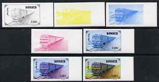 Mongolia 1997 Railway Locomotives 120t Diesel Loco BL-80 the set of 7 imperf progressive proofs comprising the 4 individual colours plus 2, 3 and all 4-colour composites ..., stamps on railways