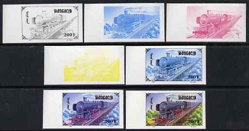 Mongolia 1997 Railway Locomotives 200t Steam Loco the set of 7 imperf progressive proofs comprising the 4 individual colours plus 2, 3 and all 4-colour composites unmount..., stamps on railways