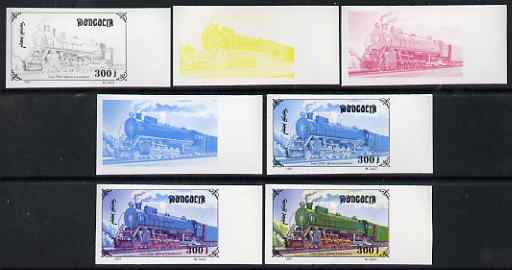Mongolia 1997 Railway Locomotives 300t FDP Steam Loco Lass the set of 7 imperf progressive proofs comprising the 4 individual colours plus 2, 3 and all 4-colour composite..., stamps on railways