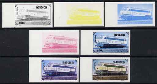 Mongolia 1997 Railway Locomotives 400t Diesel Loco 216 the set of 7 imperf progressive proofs comprising the 4 individual colours plus 2, 3 and all 4-colour composites un..., stamps on railways