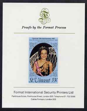 St Vincent 1987 10th Anniversary of Carnival 55c (Beauty Queen) imperf proof mounted on Format International proof card as SG SG 1068var, stamps on entertainments, stamps on fashion, stamps on tourism