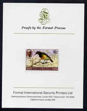 Sierra Leone 1983 Sunbird 2c (with 1983 imprint) imperf proof mounted on Format International proof card as SG SG 761, stamps on birds