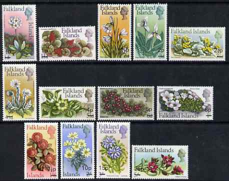Falkland Islands 1971 Flowers decimal surcharge set of 13 unmounted mint, SG 263-75, stamps on flowers