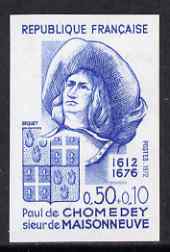 France 1972 Red Cross Fund - Paul de Chomedey (founder of Montreal) IMPERF colour trial in blue unmounted mint,  as SG 1951 (Yv 1706), stamps on red cross, stamps on personalities, stamps on explorers, stamps on arms, stamps on heraldry