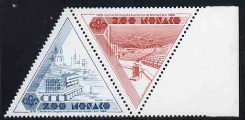 Monaco 1988 Tenth Anniversary of Monte Carlo Congress Centre se-tenant triangular pair unmounted mint, SG 1886a, stamps on architecture, stamps on triangular