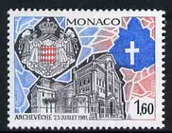 Monaco 1982 Creation of Archbishopric of Monaco unmounted mint, SG 1578, stamps on , stamps on  stamps on religion, stamps on  stamps on cathedrals, stamps on  stamps on arms, stamps on  stamps on heraldry