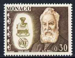 Monaco 1965 Alexander Graham Bell & telephone 30c from ITU Centenary set unmounted mint, SG 824, stamps on personalities, stamps on science, stamps on technology, stamps on , stamps on  itu , stamps on communications, stamps on scots, stamps on scotland