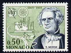Monaco 1965 Samuel Morse & telegraph 50c from ITU Centenary set unmounted mint, SG 825, stamps on personalities, stamps on science, stamps on technology, stamps on , stamps on  itu , stamps on communications