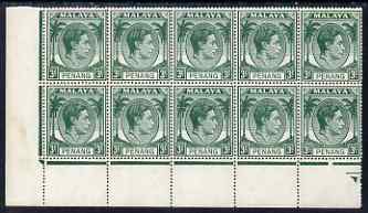 Malaya - Penang 1949-52 KG6 3c green corner block of 10 unmounted mint, SG5, stamps on , stamps on  kg6 , stamps on 