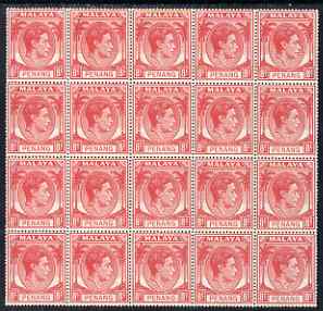 Malaya - Penang 1949-52 KG6 8c scarlet attractive block of 20 (5x4) unmounted mint, SG9, stamps on , stamps on  kg6 , stamps on 