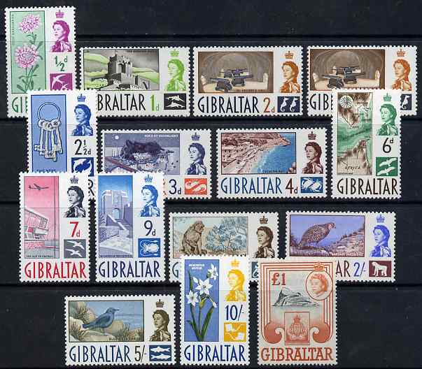 Gibraltar 1960-62 Pictorial definitive set complete 14 values 1/2d to Â£1 unmounted mint SG 160-73, stamps on 
