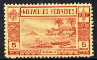 New Hebrides - French 1938 Gold Currency 5f red on yellow fine mounted mint SG F63, stamps on ships, stamps on canoes