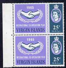 British Virgin islands 1965 International Co-operation Year 25c marginal pair, one stamp with Broken Y of Year variety, unmounted mint, stamps on 