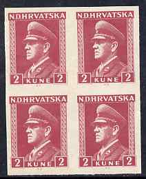 Croatia 1943 Pavelic 2k claret in fine mint imperf block of 4, as SG108, stamps on 