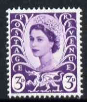 Great Britain Regionals - Wales 1958-67 Wilding 3d deep lilac wmk Crowns centre phosphor band unmounted mint SG W1p, stamps on 