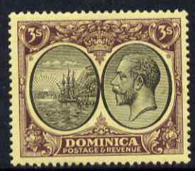 Dominica 1923-33 KG5 Badge 3s black & purple on yellow Scrpt CA mounted mint SG 86, stamps on , stamps on  kg5 , stamps on ships
