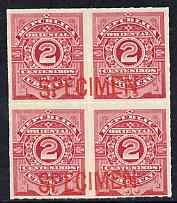 Uruguay 1888 Numeral 2c carmine-rose block of 4 optd SPECIMEN across each pair of stamps, unmounted mint from ABNCo archive sheet, as SG 101, stamps on 