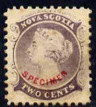 Nova Scotia 1863 QV 2c purple with SPECIMEN overprint in red in an arc - believed to be a forgery by the Senf Brothers with the overprint being attributed to Fournier, stamps on , stamps on  qv , stamps on 
