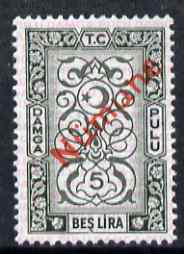 Turkey 1980's Stamp Duty 5 Lira green overprinted Numune (Specimen) unmounted mint ex De La Rue archives, stamps on revenue, stamps on revenues