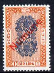 Turkey 1980s Stamp Duty 1 Lira blue & orange overprinted Numune (Specimen) unmounted mint ex De La Rue archives, stamps on revenue, stamps on revenues