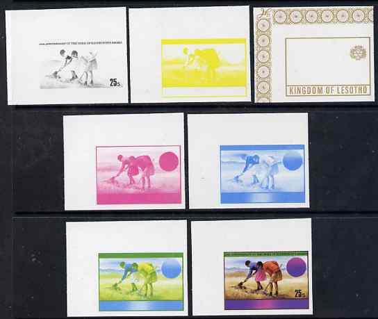 Lesotho 1981 Duke of Edinburgh Award Scheme 25s Gardening the set of 7 imperf progressive proos comprising the 5 individual colours plus 2 different combination composites, as SG 464, stamps on gardening, stamps on youth