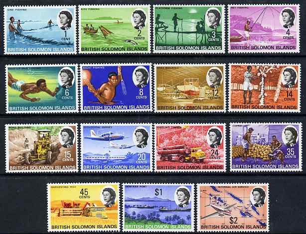 Solomon Islands 1968-71 Pictorial definitive set complete 15 values 1c to $2 lightly mounted mint SG166-80, stamps on 