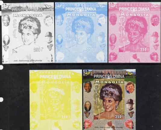 Mongolia 2007 Tenth Death Anniversary of Princess Diana 250f imperf m/sheet #10 with Churchill, Kennedy, Mandela, Roosevelt & Butterflies in background, the set of 5 progressive proofs comprising the 4 individual colours plus all 4-colour composite, unmounted mint, stamps on , stamps on  stamps on royalty, stamps on  stamps on diana, stamps on  stamps on churchill, stamps on  stamps on kennedy, stamps on  stamps on personalities, stamps on  stamps on mandela, stamps on  stamps on butterflies, stamps on  stamps on roosevelt, stamps on  stamps on usa presidents, stamps on  stamps on americana, stamps on  stamps on human rights, stamps on  stamps on nobel, stamps on  stamps on nobel, stamps on  stamps on peace, stamps on  stamps on racism, stamps on  stamps on human rights