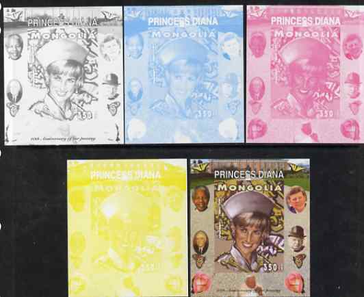 Mongolia 2007 Tenth Death Anniversary of Princess Diana 350f imperf m/sheet #13 with Churchill, Kennedy, Mandela, Roosevelt & Butterflies in background, the set of 5 progressive proofs comprising the 4 individual colours plus all 4-colour composite, unmounted mint, stamps on , stamps on  stamps on royalty, stamps on  stamps on diana, stamps on  stamps on churchill, stamps on  stamps on kennedy, stamps on  stamps on personalities, stamps on  stamps on mandela, stamps on  stamps on butterflies, stamps on  stamps on roosevelt, stamps on  stamps on usa presidents, stamps on  stamps on americana, stamps on  stamps on human rights, stamps on  stamps on nobel, stamps on  stamps on nobel, stamps on  stamps on peace, stamps on  stamps on racism, stamps on  stamps on human rights