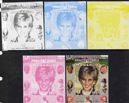 Mongolia 2007 Tenth Death Anniversary of Princess Diana 400f imperf m/sheet #16 with Churchill, Kennedy, Mandela, Roosevelt & Butterflies in background, the set of 5 progressive proofs comprising the 4 individual colours plus all 4-colour composite, unmounted mint, stamps on royalty, stamps on diana, stamps on churchill, stamps on kennedy, stamps on personalities, stamps on mandela, stamps on butterflies, stamps on roosevelt, stamps on usa presidents, stamps on americana, stamps on human rights, stamps on nobel, stamps on nobel, stamps on peace, stamps on racism, stamps on human rights