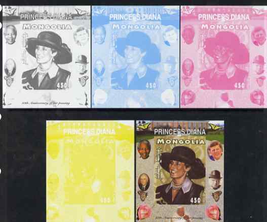 Mongolia 2007 Tenth Death Anniversary of Princess Diana 450f imperf m/sheet #17 with Churchill, Kennedy, Mandela, Roosevelt & Butterflies in background, the set of 5 progressive proofs comprising the 4 individual colours plus all 4-colour composite, unmounted mint, stamps on royalty, stamps on diana, stamps on churchill, stamps on kennedy, stamps on personalities, stamps on mandela, stamps on butterflies, stamps on roosevelt, stamps on usa presidents, stamps on americana, stamps on human rights, stamps on nobel, stamps on nobel, stamps on peace, stamps on racism, stamps on human rights