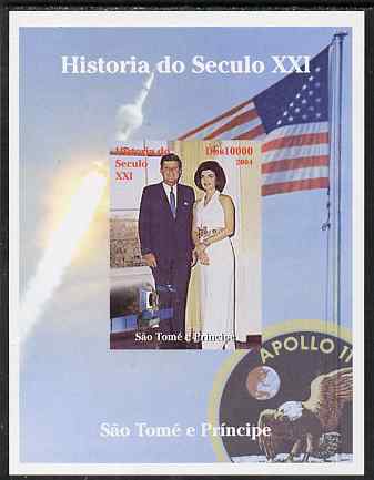 St Thomas & Prince Islands 2004 History of the 21st Century #07 Kennedy & Apollo 11 imperf m/sheet unmounted mint. Note this item is privately produced and is offered purely on its thematic appeal, stamps on , stamps on  stamps on millennium, stamps on  stamps on kennedy, stamps on  stamps on personalities, stamps on  stamps on usa presidents, stamps on  stamps on americana, stamps on  stamps on space, stamps on  stamps on apollo, stamps on  stamps on flags, stamps on  stamps on eagles