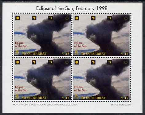 Montserrat 1998 Total Eclipse of the Sun $1.15 Volcano emitting black cloud perf sheetlet containing 4 values unmounted mint, SG 1105, stamps on space, stamps on eclipse, stamps on volcanoes, stamps on disasters, stamps on 