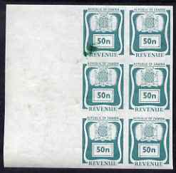 Zambia 1968 Revenue 50n imperf marginal proof block of 6 on gummed paper, some ink marks, ex archives, stamps on 