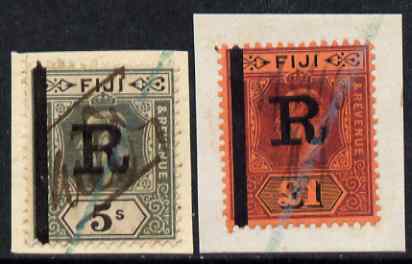 Fiji KE7 £1 & 5s optd R for revenue use, on pieces appropriately used (Barefoot £65), stamps on revenue