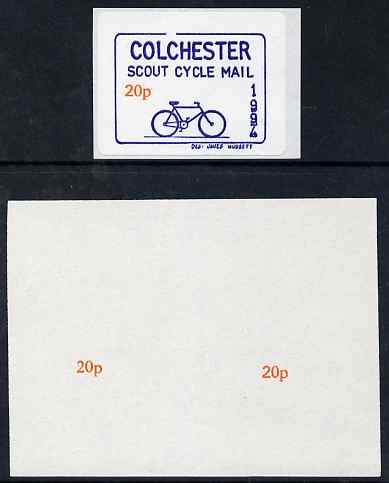 Cinderella - Great Britain 1994 Colchester Scouts Cycle Mail imperf proof of value (20p x 2) as used for self-adhesive label (not included), stamps on bicycles