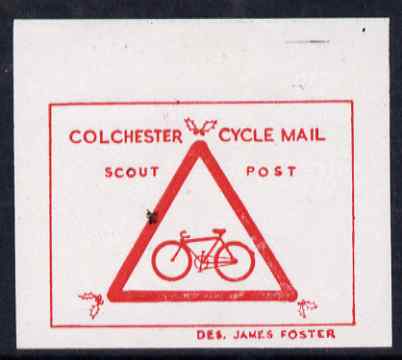 Cinderella - Great Britain 1994 Colchester Scouts Cycle Mail imperf essay proof in red on thin card, stamps on bicycles