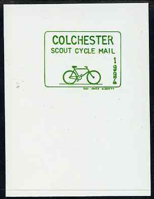 Cinderella - Great Britain 1994 Colchester Scouts Cycle Mail undenominated proof in green on thin card, stamps on bicycles