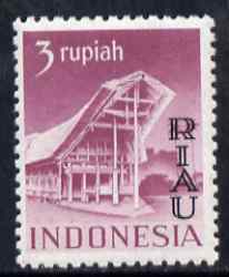 Indonesia - Riau-Lingga 1954 Toradja House 3r purple overprinted RIAU unmounted mint as SG 19, stamps on houses, stamps on buildings