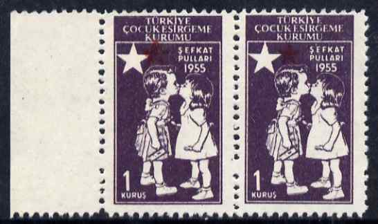 Turkey 1955 Postal Tax - Children Kissing 1k horiz pair with red (Star & Crescent) misplaced unmounted mint but minor wrinkles, stamps on children, stamps on red cross
