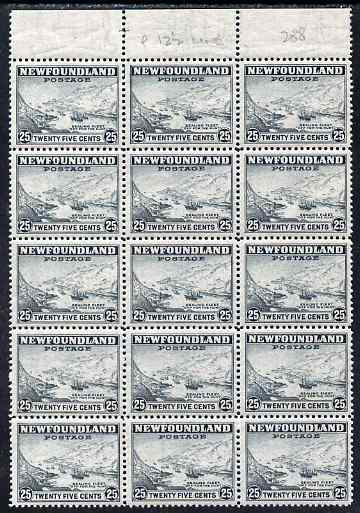 Newfoundland 1941-44 KG6 Sealing Feet 25c line perf 12.5 block of 15 unmounted mint SG 288, stamps on seals, stamps on ships, stamps on hunting, stamps on  kg6 , stamps on 