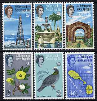 St Kitts-Nevis 1967 Pictorial definitive set of 6 (sideways wmk) unmounted mint, SG166-71, stamps on lighthouses, stamps on fountains, stamps on cotton, stamps on textiles, stamps on birds, stamps on pigeons, stamps on maps