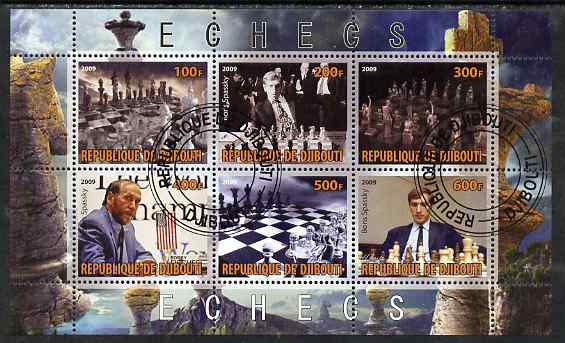 Djibouti 2009 Chess - Boris Spassky perf sheetlet containing 6 values fine cto used, stamps on personalities, stamps on chess