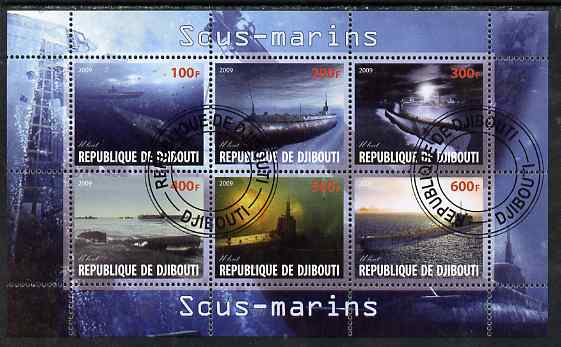 Djibouti 2009 Submarines perf sheetlet containing 6 values fine cto used, stamps on ships, stamps on submarines