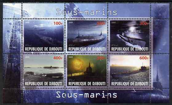 Djibouti 2009 Submarines perf sheetlet containing 6 values unmounted mint, stamps on ships, stamps on submarines
